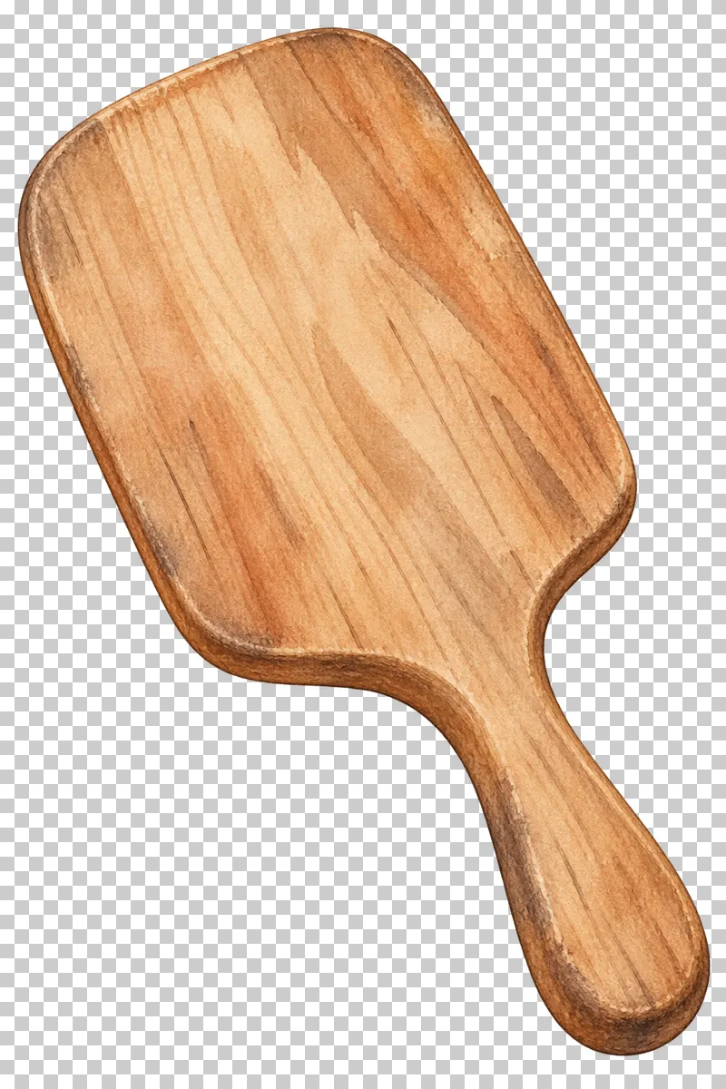 A solid wooden pottery paddle with a broad head and short handle.