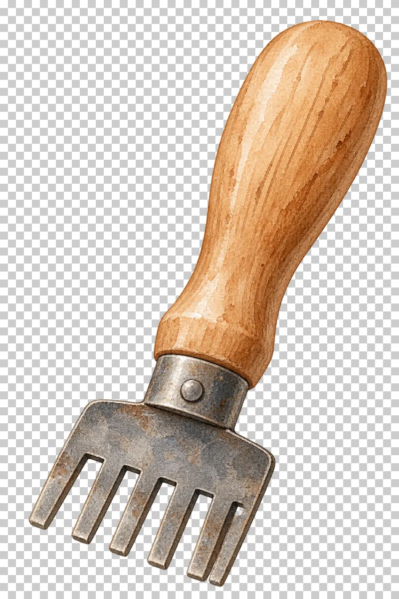 A wooden-handled pottery scoring comb with short metal tines.