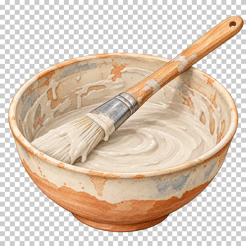 A terracotta bowl of thick pale clay slip with a coated synthetic-bristle brush.