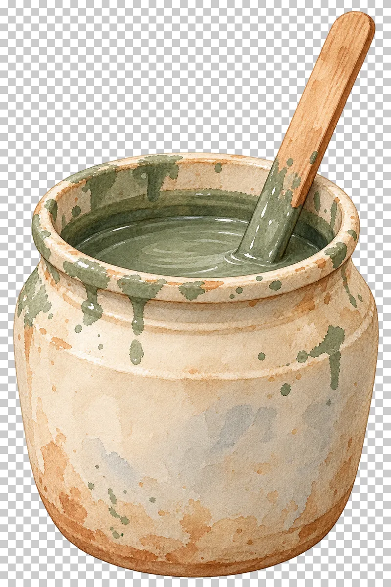 An open unlabeled glaze jar containing sage glaze and a wooden stirring stick.