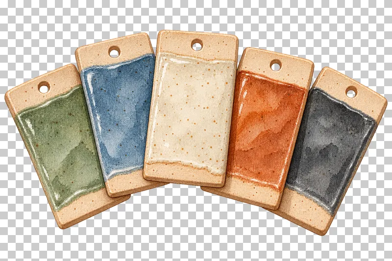 A fan of five ceramic glaze test tiles in sage, blue, cream, terracotta and charcoal.