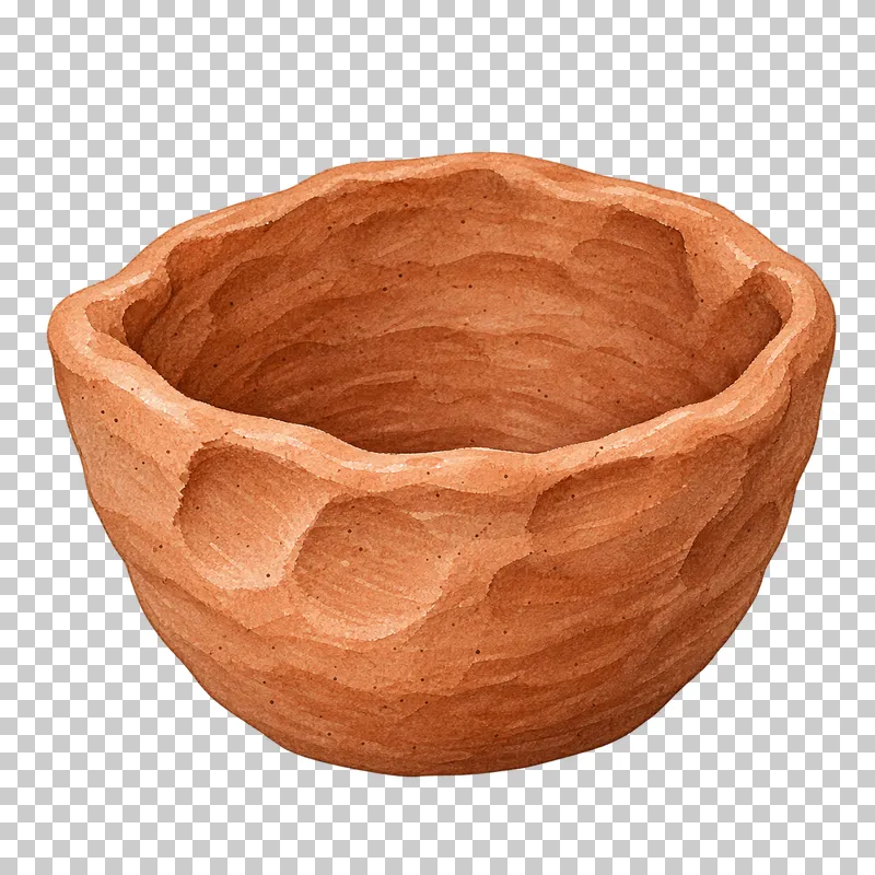A raw-clay pinch pot with thumb impressions and a thick uneven lip.
