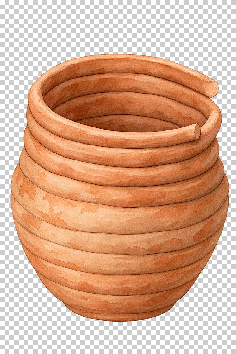 An unfinished coil-built clay vessel with visible upper coils and loose ends.