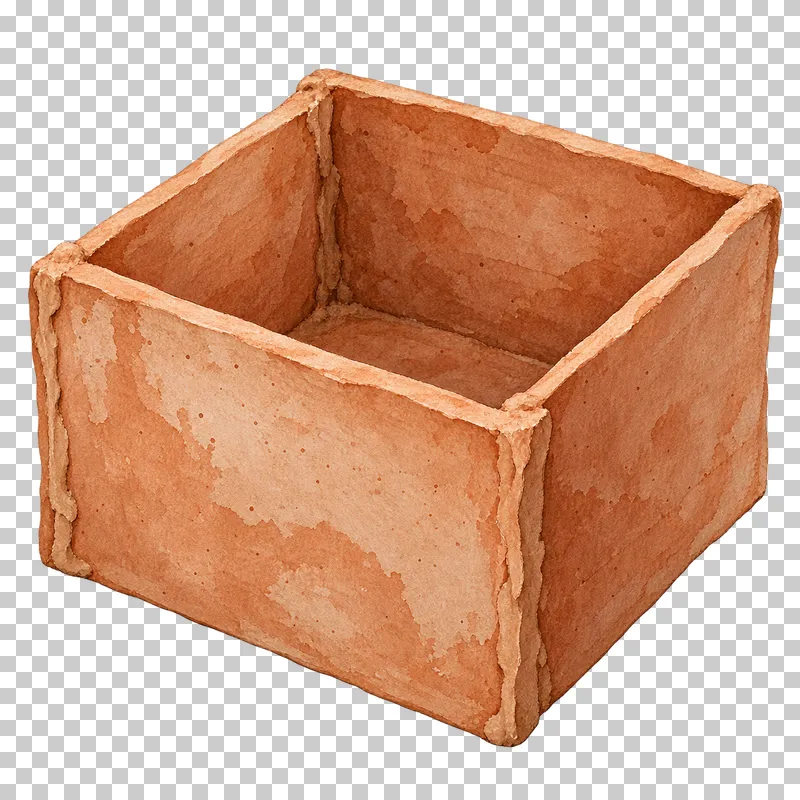 An open angular clay box built from flat slabs with visible joined seams.