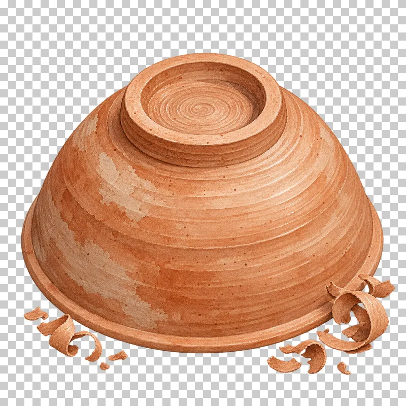An upside-down clay bowl with an exposed foot ring and fresh trimming shavings.