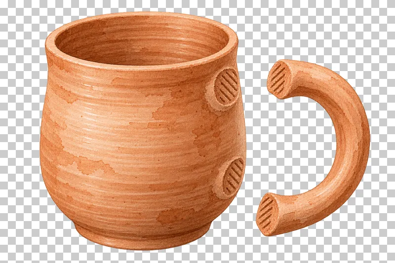 A raw clay mug body with two scored attachment patches and a separate matching handle.