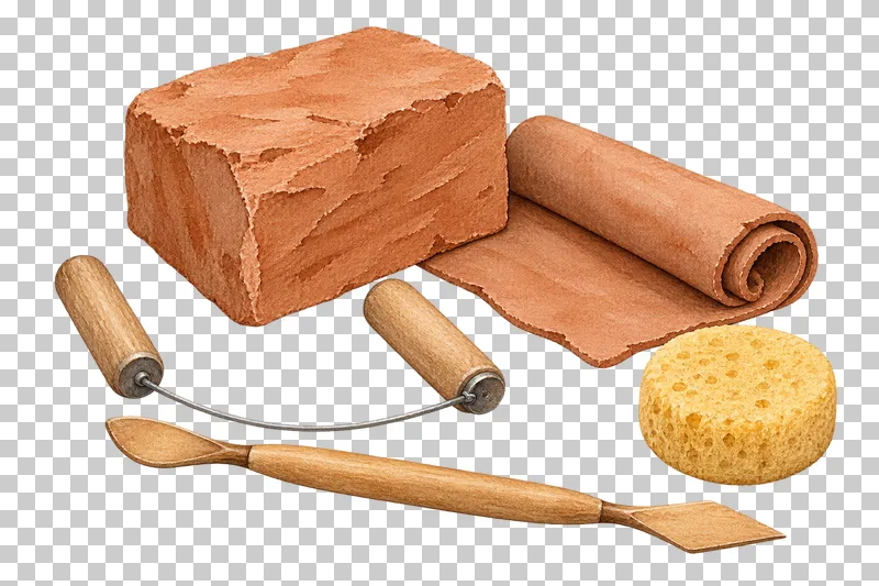 A beginner handbuilding kit with clay block, slab, cutting wire, wooden modeler and synthetic sponge.