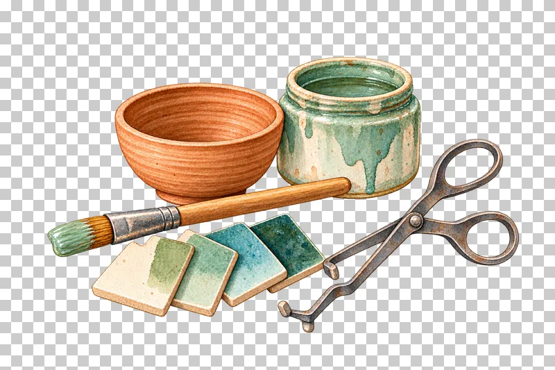A glazing arrangement with an unfired bowl, glaze jar, brush, test tiles and slim three-point metal tongs.