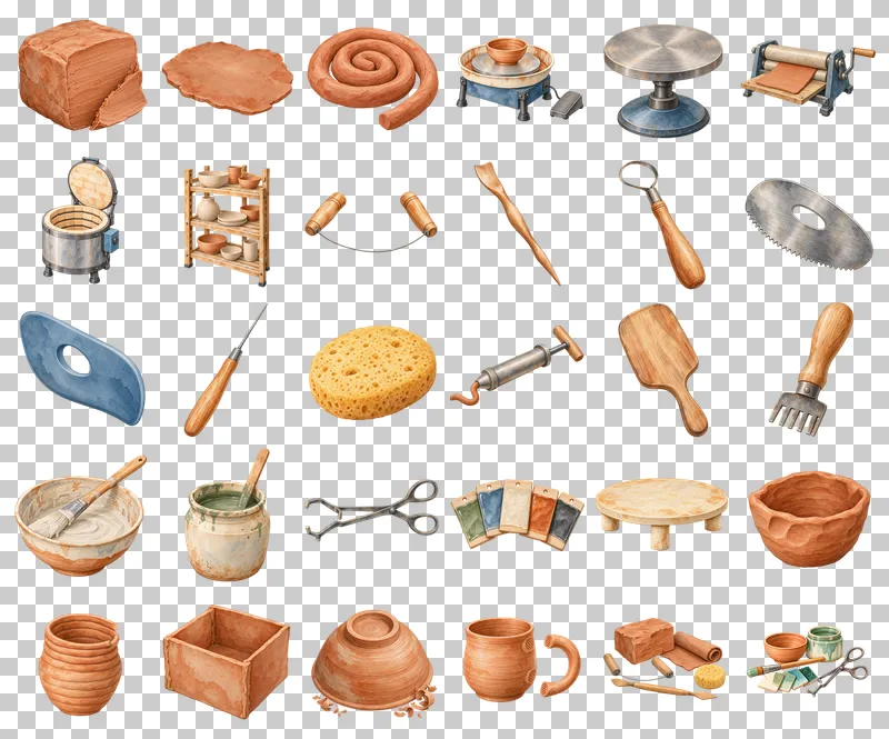 Pottery Studio Watercolor PNG Collection: all 30 elements in one grid