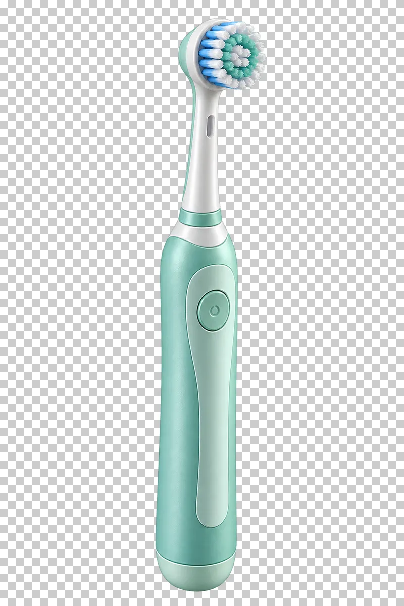 Mint and ivory electric toothbrush with a small round bristle head.