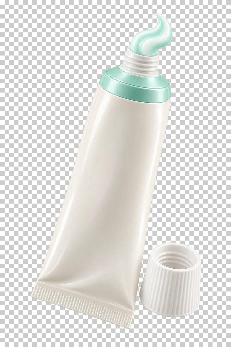 Open ivory toothpaste tube with mint accents and a separate cap.