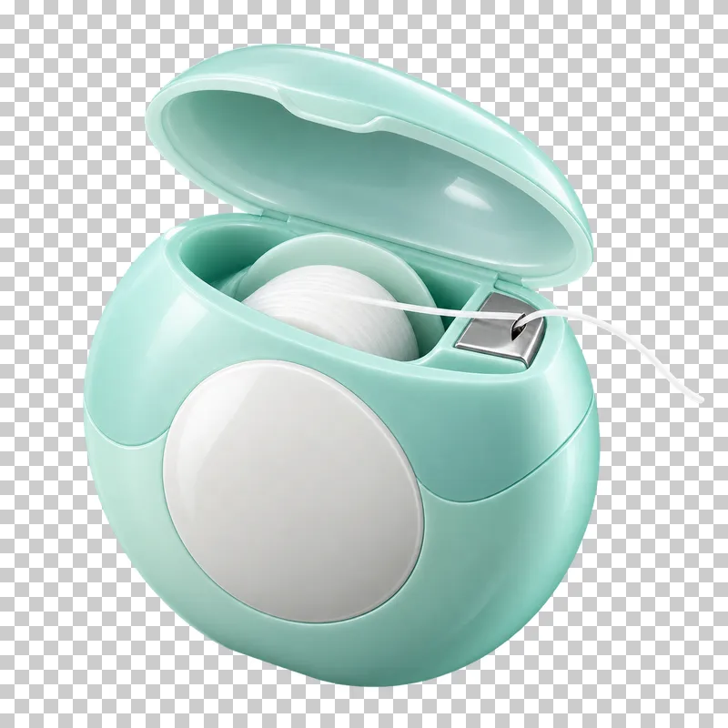 Mint dental floss dispenser with an open lid and a length of white floss.