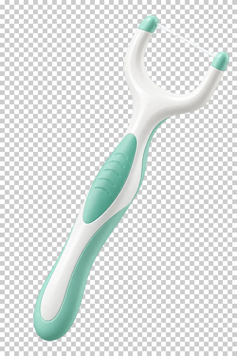 Mint floss pick with a white thread stretched across its fork.