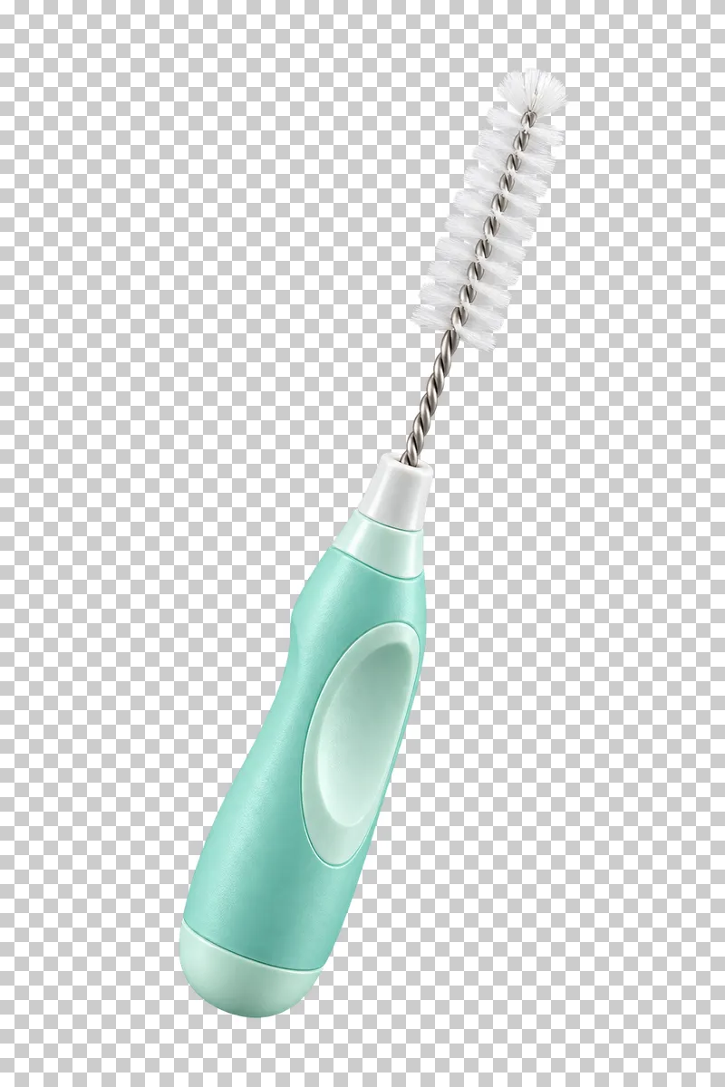 Compact mint manual interdental brush with fine white bristles on a twisted steel wire.