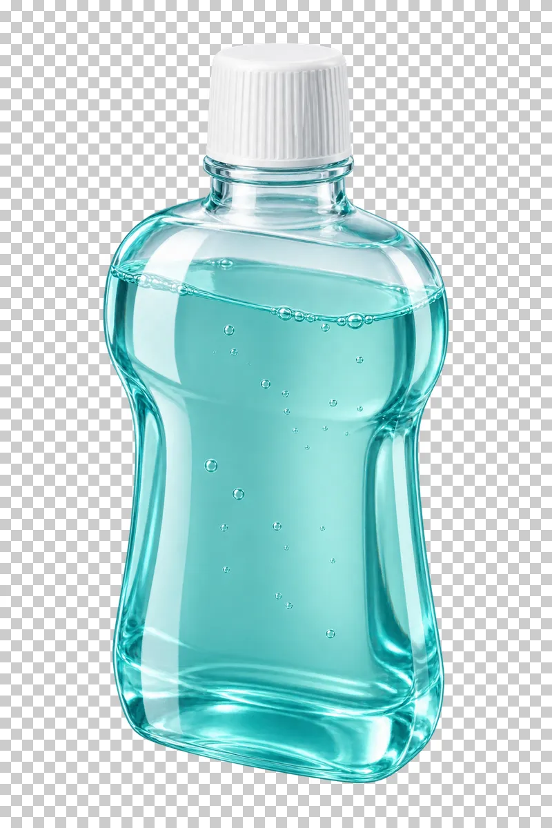 Mouthwash bottle with mint liquid styling and a white ribbed cap.
