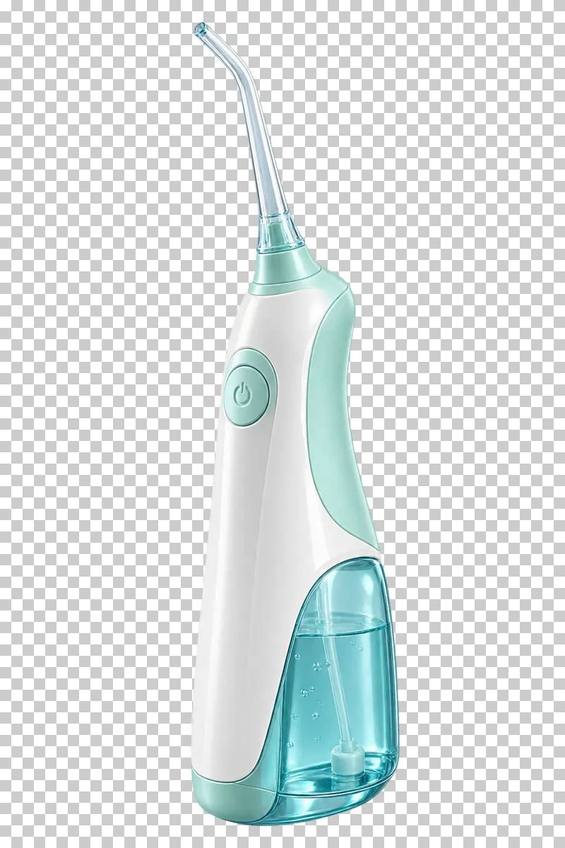 Ivory and mint cordless water flosser with a curved nozzle.
