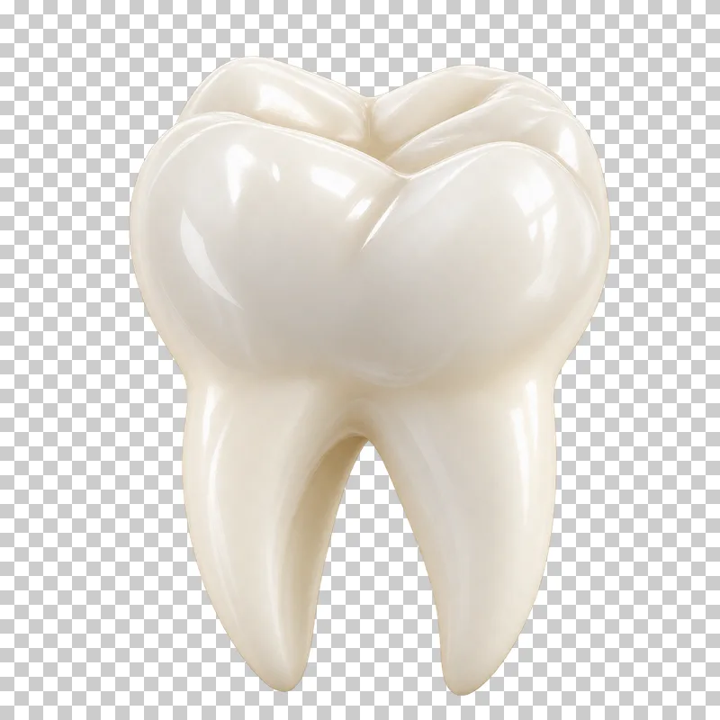 Ivory molar with a rounded crown and two complete roots.