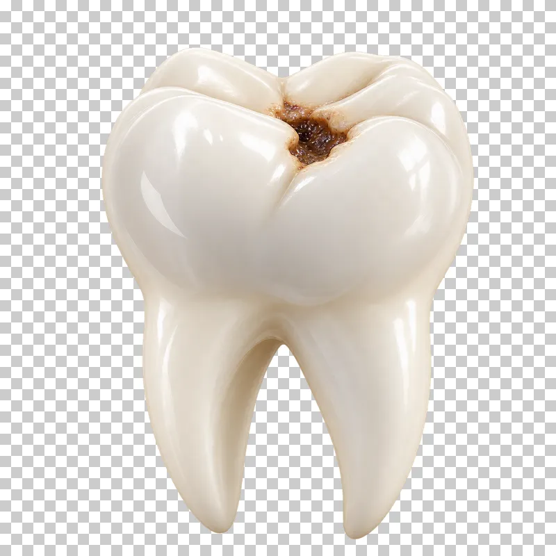 Ivory molar with a dark cavity visible in the chewing surface.