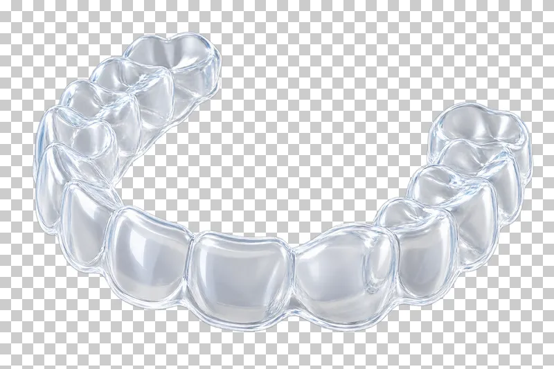 U-shaped clear aligner rendered with pale reflective plastic shading.