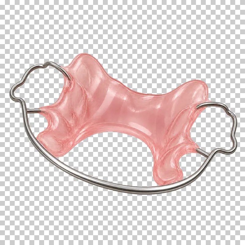 Removable pink acrylic retainer with a curved metal wire.