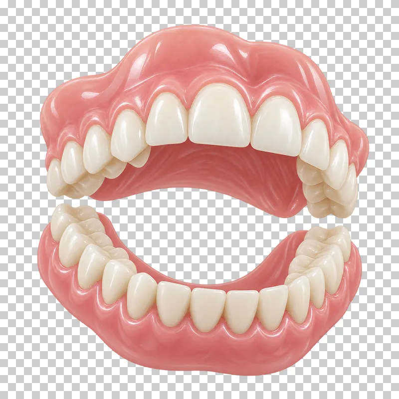 Pair of complete dentures with ivory teeth and pink acrylic gums.