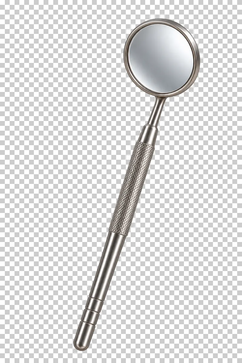 Round dental mirror on a slim textured metal handle.