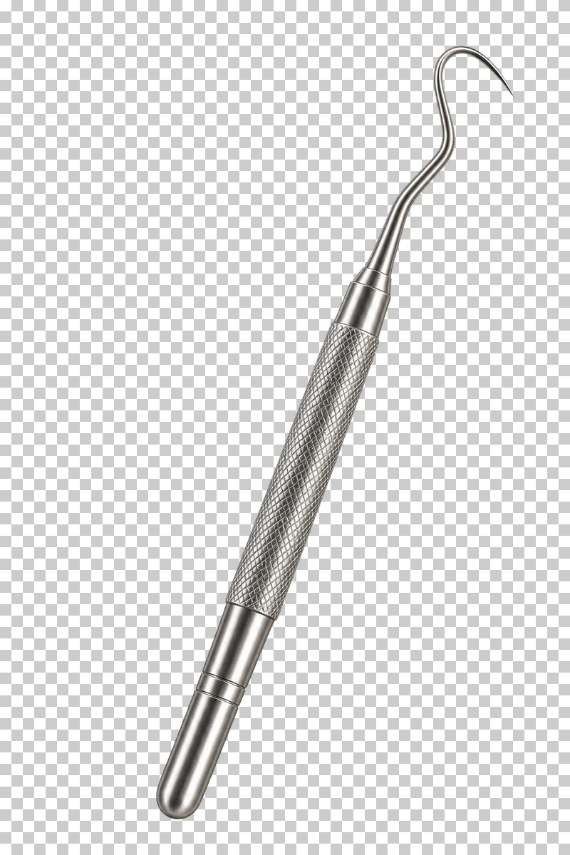 Metal dental explorer with a fine curved point and textured handle.
