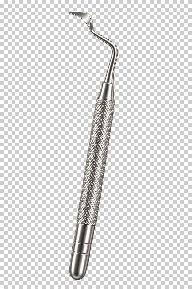 Metal dental scaler with a curved working blade and textured handle.