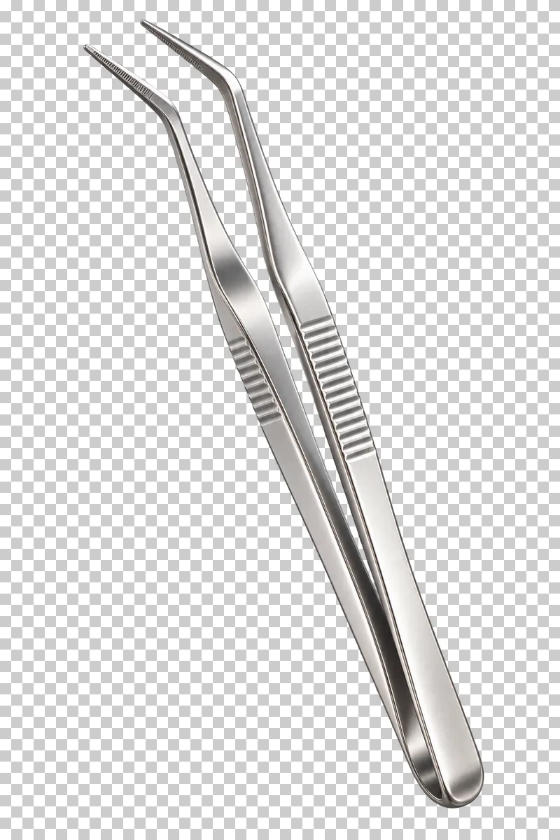Angled metal dental tweezers with two separate spring arms.