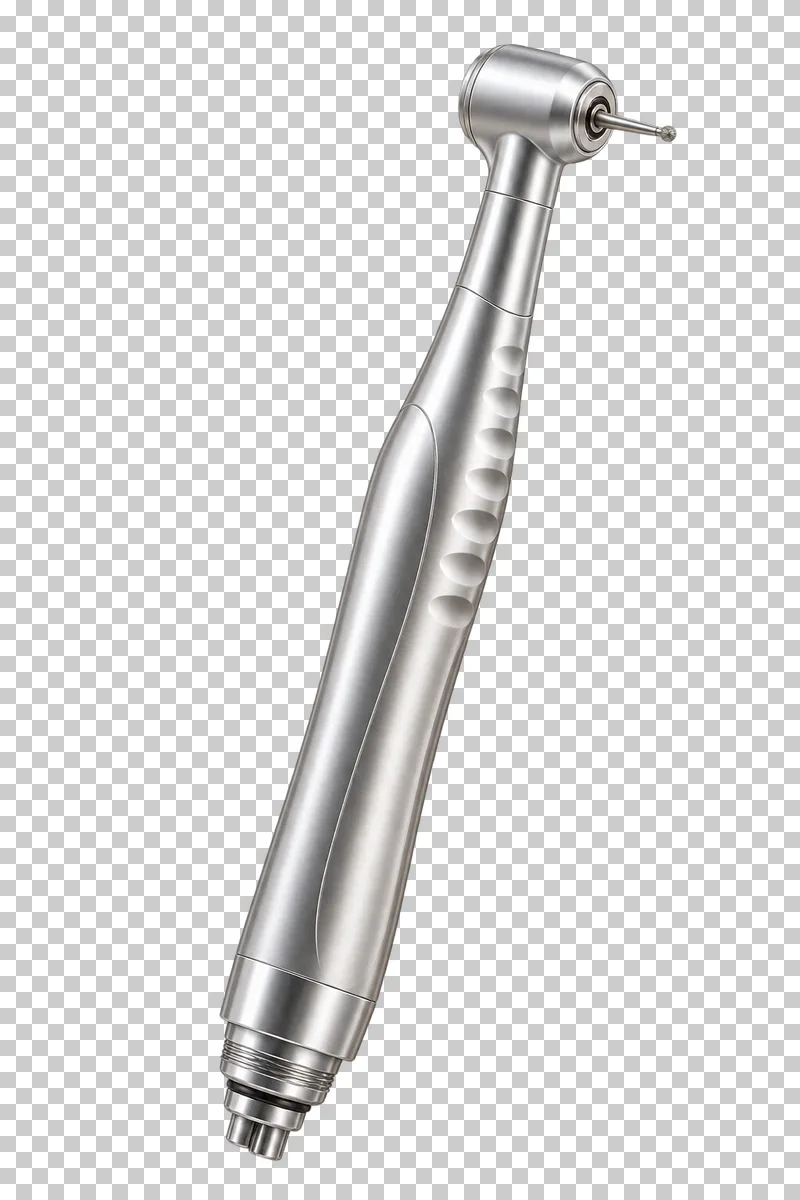 Metal dental handpiece with an angled turbine head and a small bur.