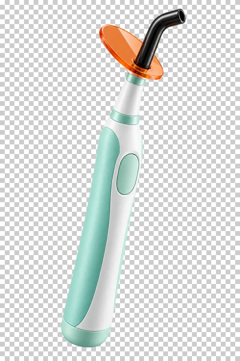 Mint dental curing light with a black curved tip and an orange protective shield.
