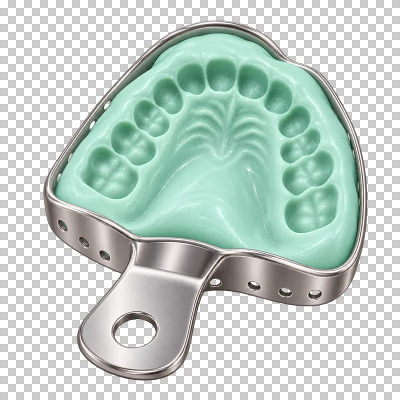 Perforated metal impression tray containing a mint upper dental impression.