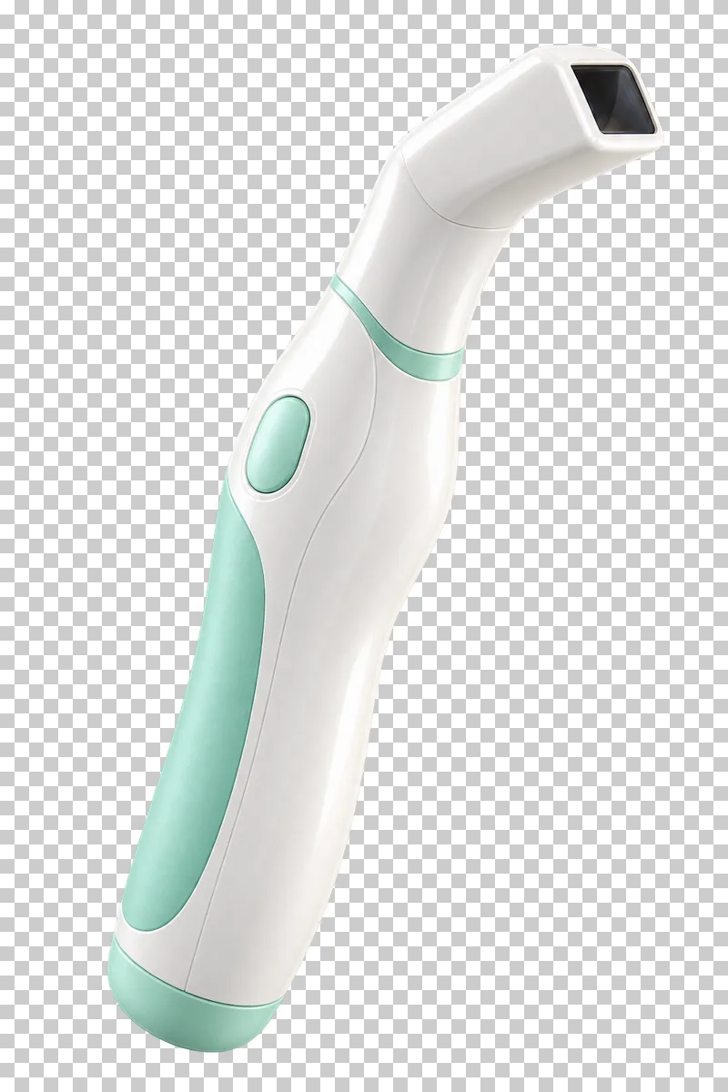 Ivory and mint intraoral scanner with a dark optical window.