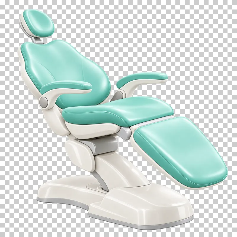 Mint upholstered dental chair with ivory arms, leg support and a complete base.