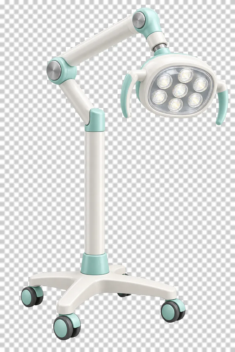 Articulated ivory and mint dental examination light on a wheeled stand.