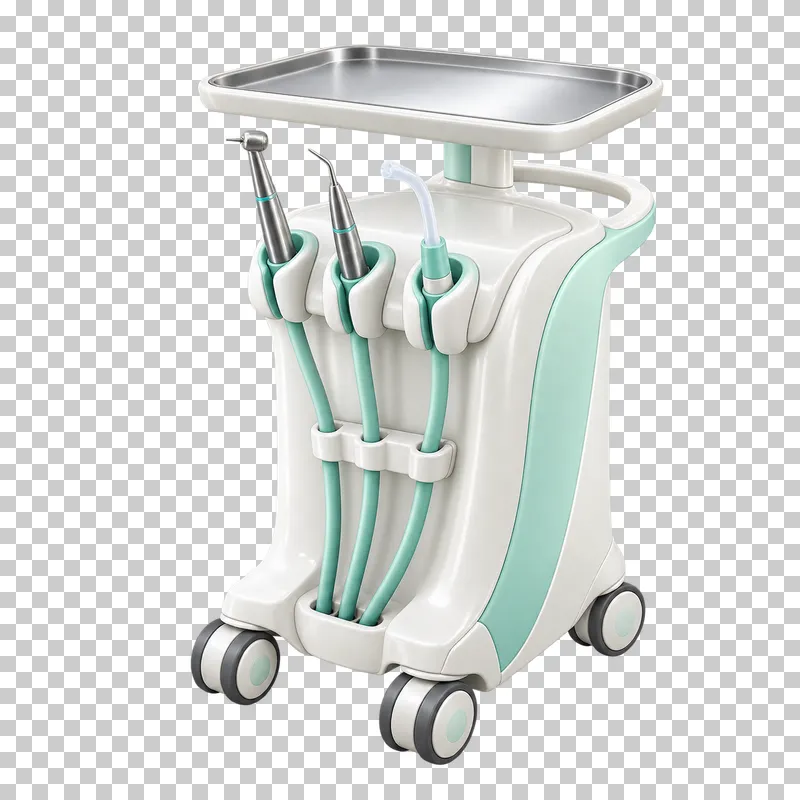 Mint and ivory mobile dental delivery unit with three instruments, hoses and a metal tray.
