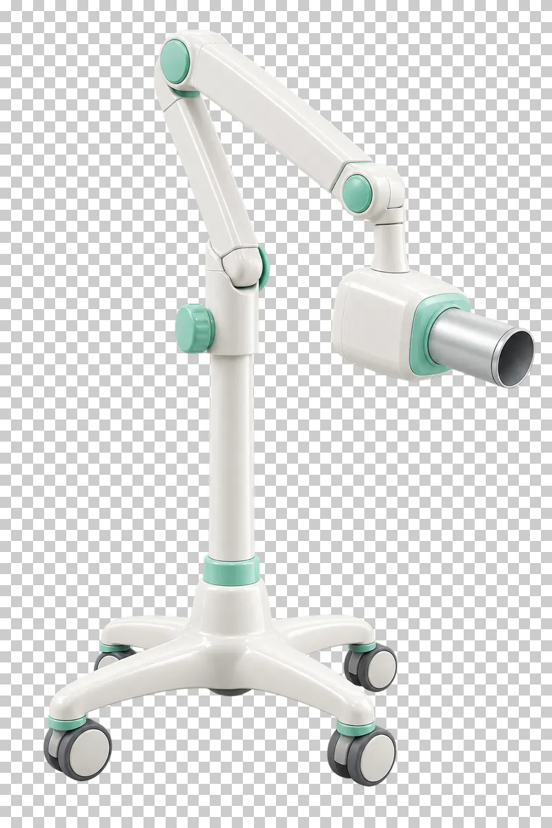 Mobile intraoral X-ray unit with an articulated arm, cylindrical head and wheeled base.