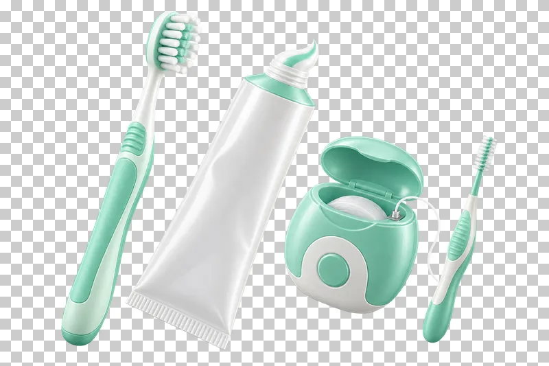 Coordinated arrangement of a manual toothbrush, toothpaste tube, floss dispenser and interdental brush.