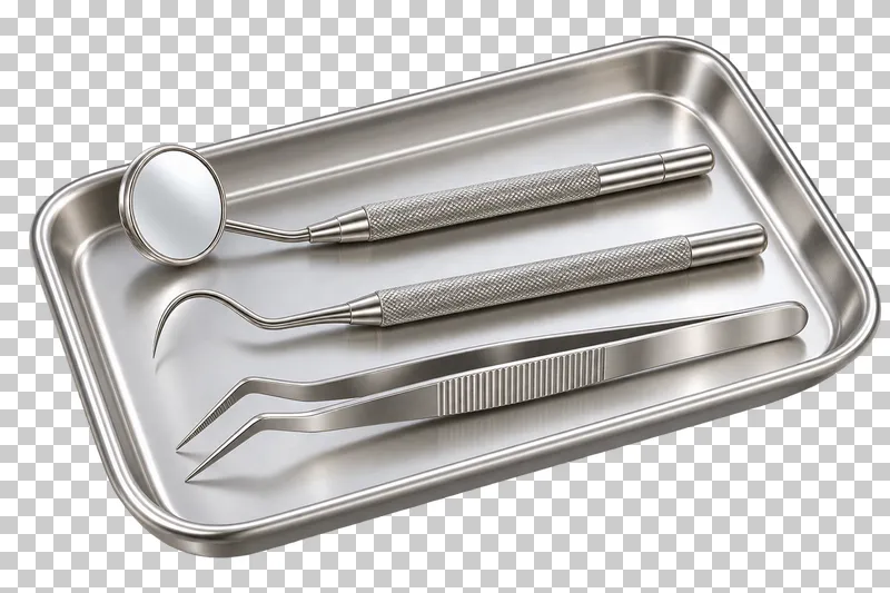 Metal check-up tray holding a dental mirror, hooked explorer and angled tweezers.
