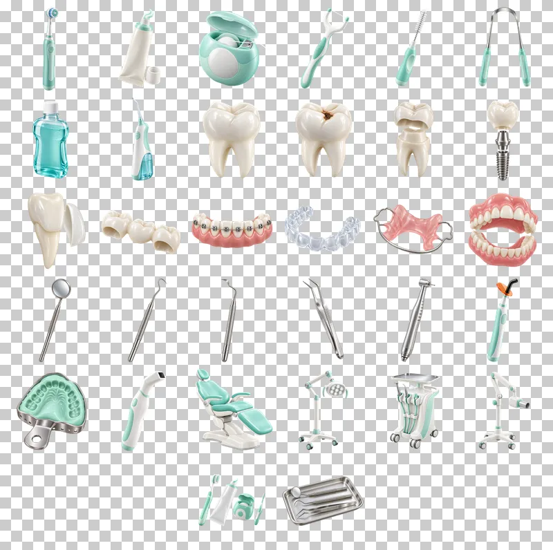 Dental Care and Clinic 3D PNG Collection: all 32 elements in one grid