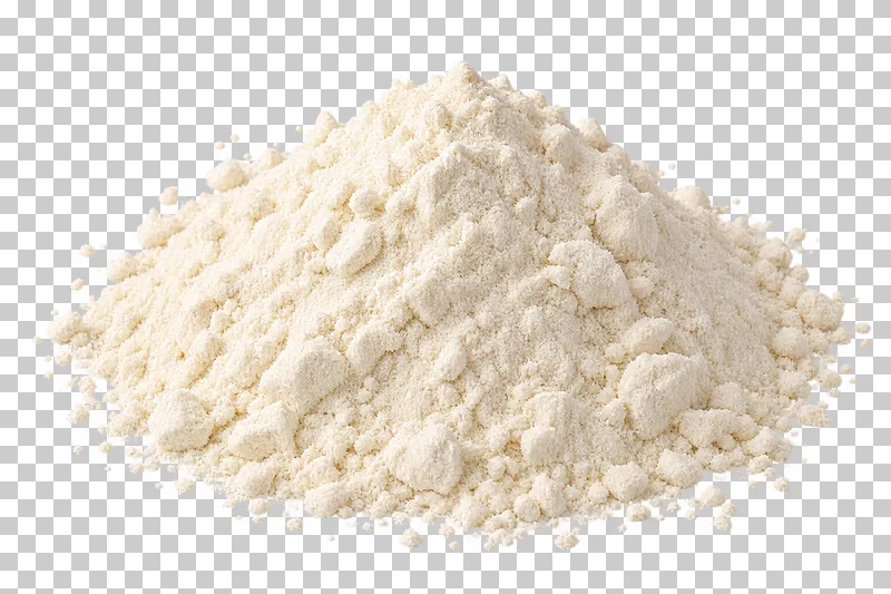 A loose mound of fine ivory wheat flour with small powder crumbs.