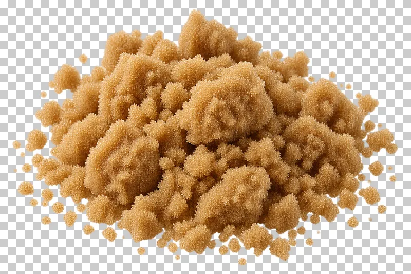 Irregular moist brown sugar clumps with loose granules.