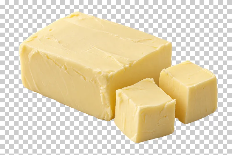 A pale-yellow butter block beside two cut butter cubes.