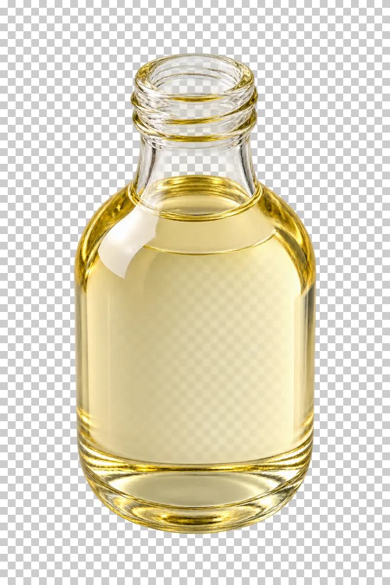Pale yellow baking oil in an unmarked clear glass bottle.