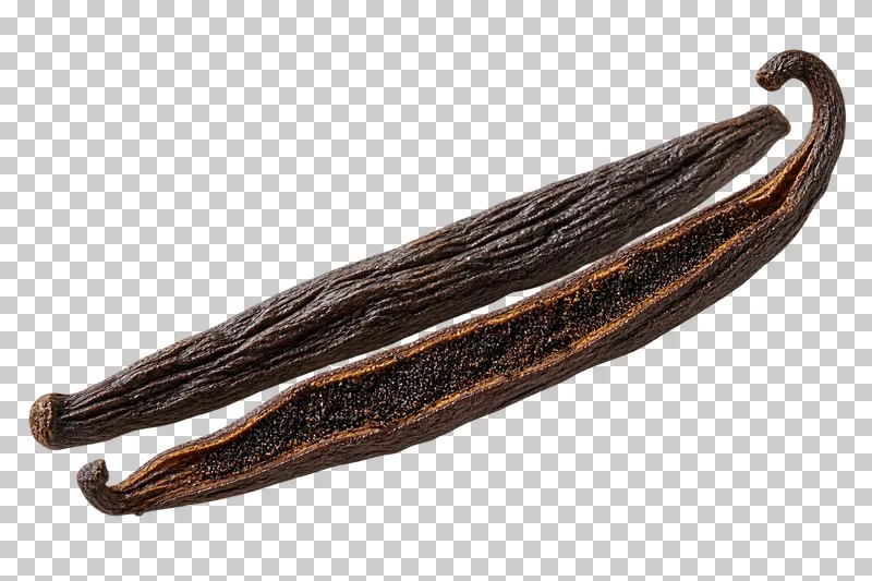 Two dark wrinkled vanilla pods, one split to expose its seeds.
