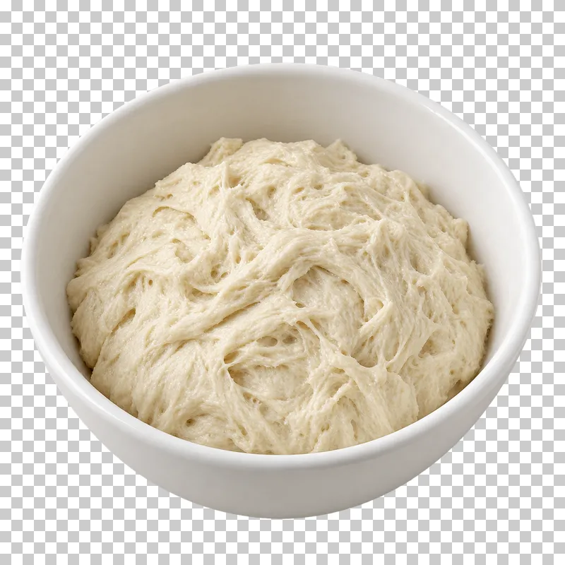 Rough hydrated shaggy bread dough in a plain white mixing bowl.