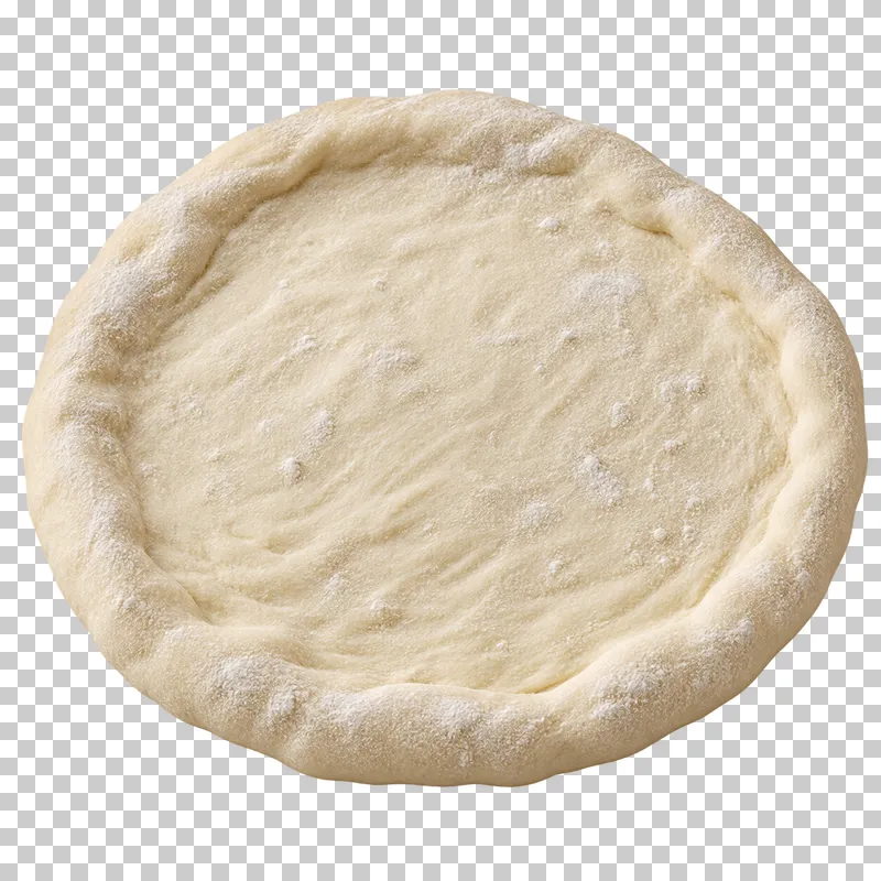 A circular raw pizza dough base with a thicker irregular rim.