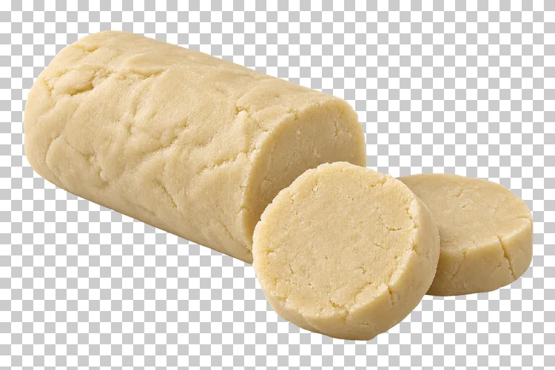 A plain raw cookie dough log beside two thick round slices.