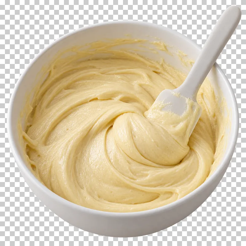 Pale-yellow cake batter in a white bowl with one silicone spatula.
