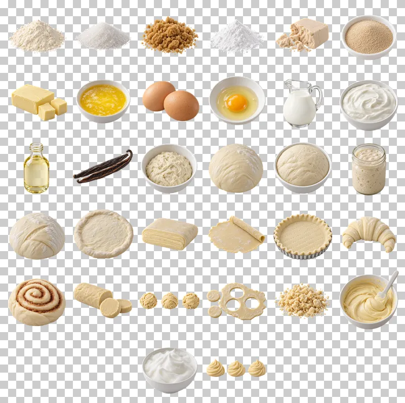 Baking Ingredients and Dough Preparation Photo PNG Collection: all 32 elements in one grid